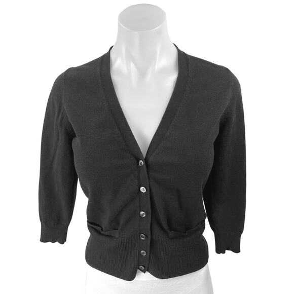 Ann Taylor Black Knit 3/4 Sleeve V-Neck Button Crop Sweater Cardigan Top Size S - Picture 1 of 4